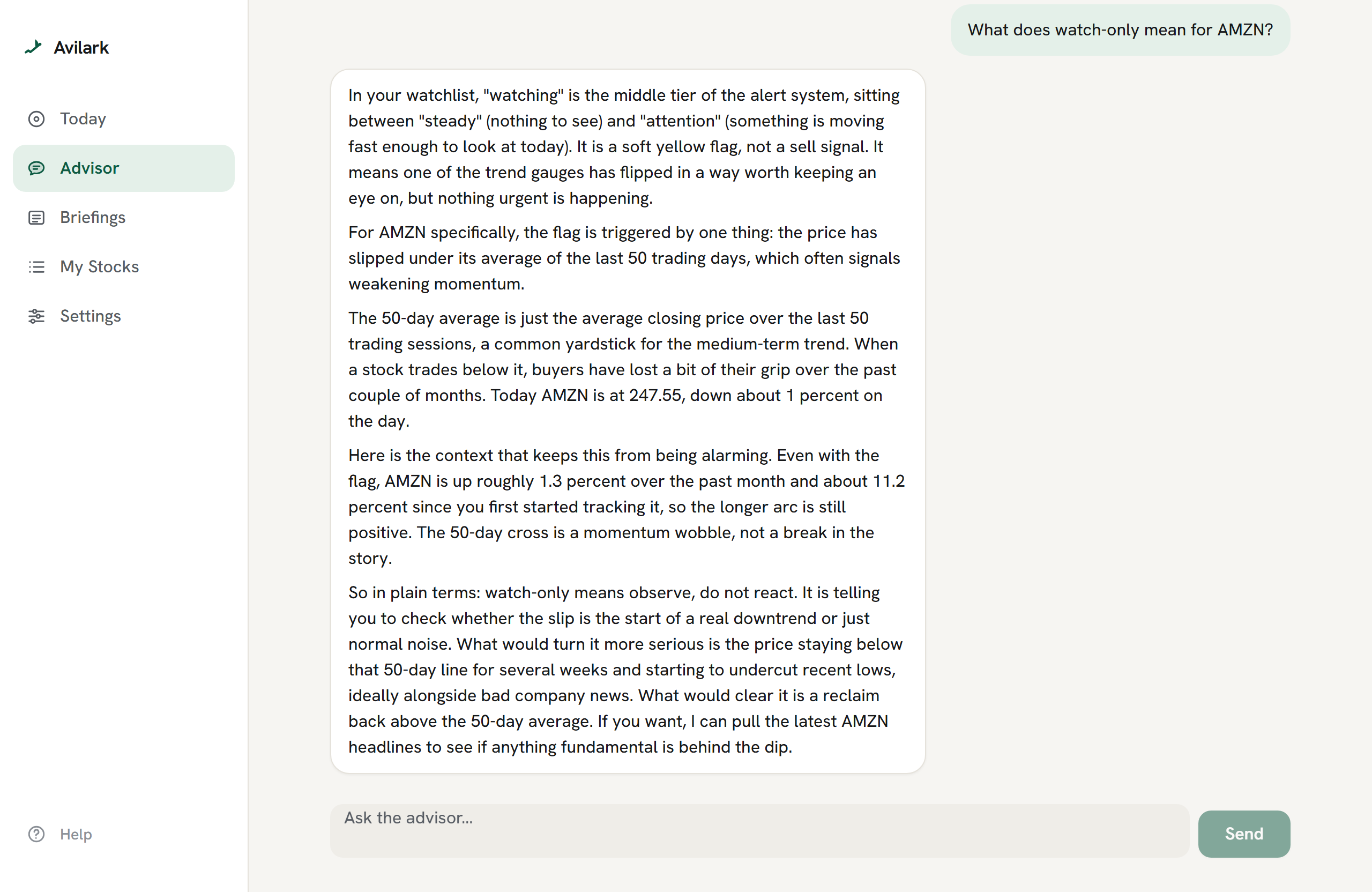 The Advisor screen answering a question about a watch-only stock, in plain English, with the full reply on screen